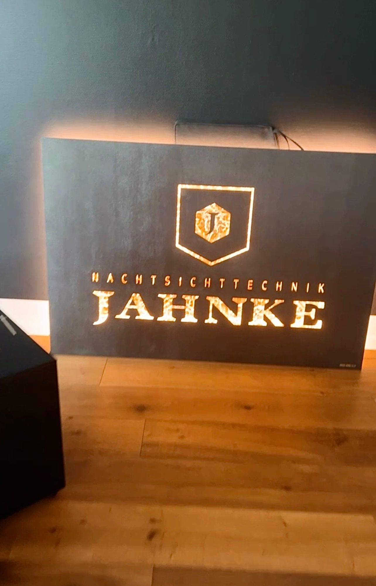 Logokunstwerk, beleuchtet, Schriftzug mit Signet