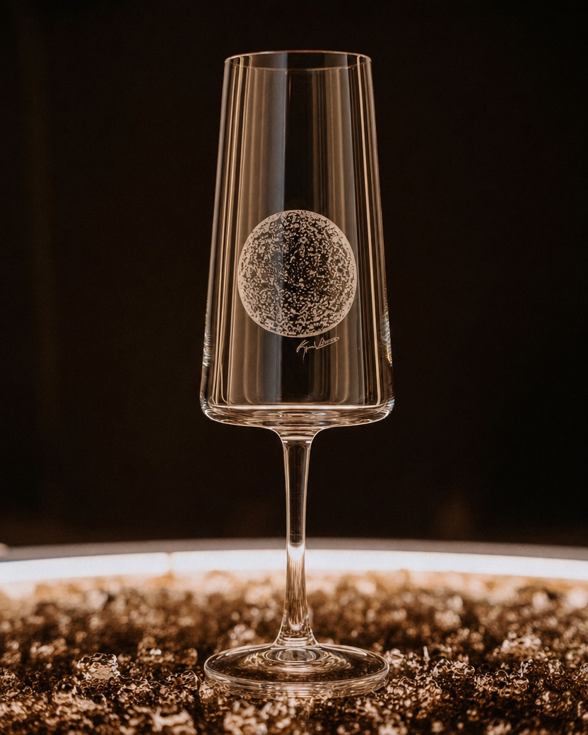 Sektglas mit dem Mond des Ateliers Kathrin Geller