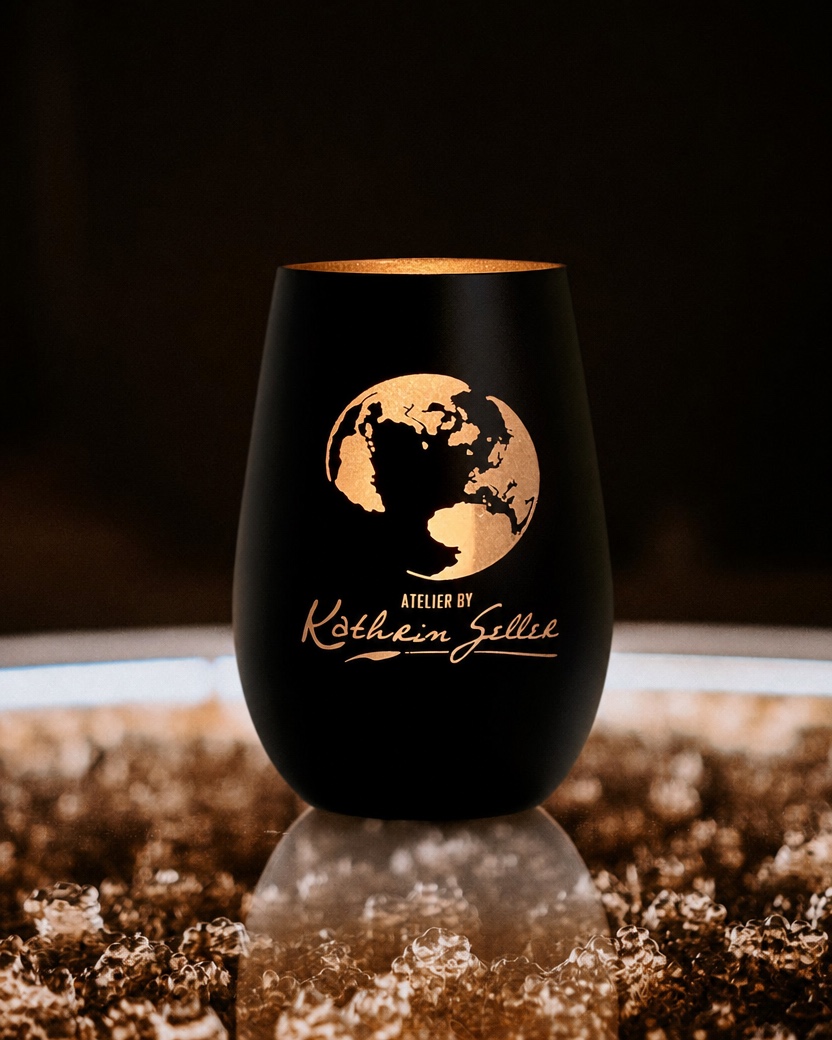 Teelicht Welt Schwarz/Gold von Kathrin Geller