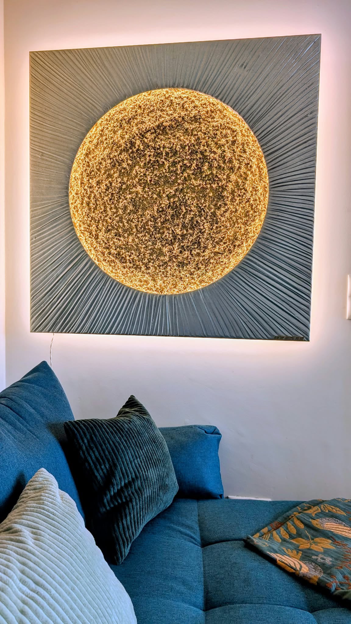 Sonnenmond in Champagner Strahlen mit Mond Gold Klassisch, 100 x 100 cm, beleuchtet