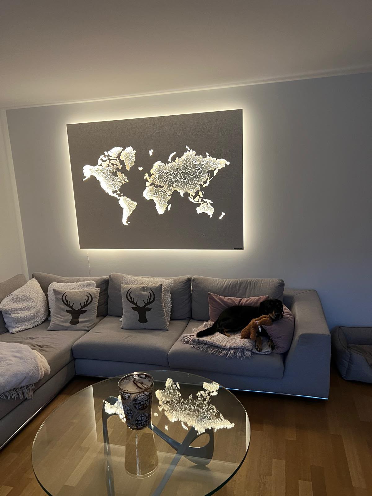 Weltkarte mit Motiv Perlmuttweiß, beleuchtet