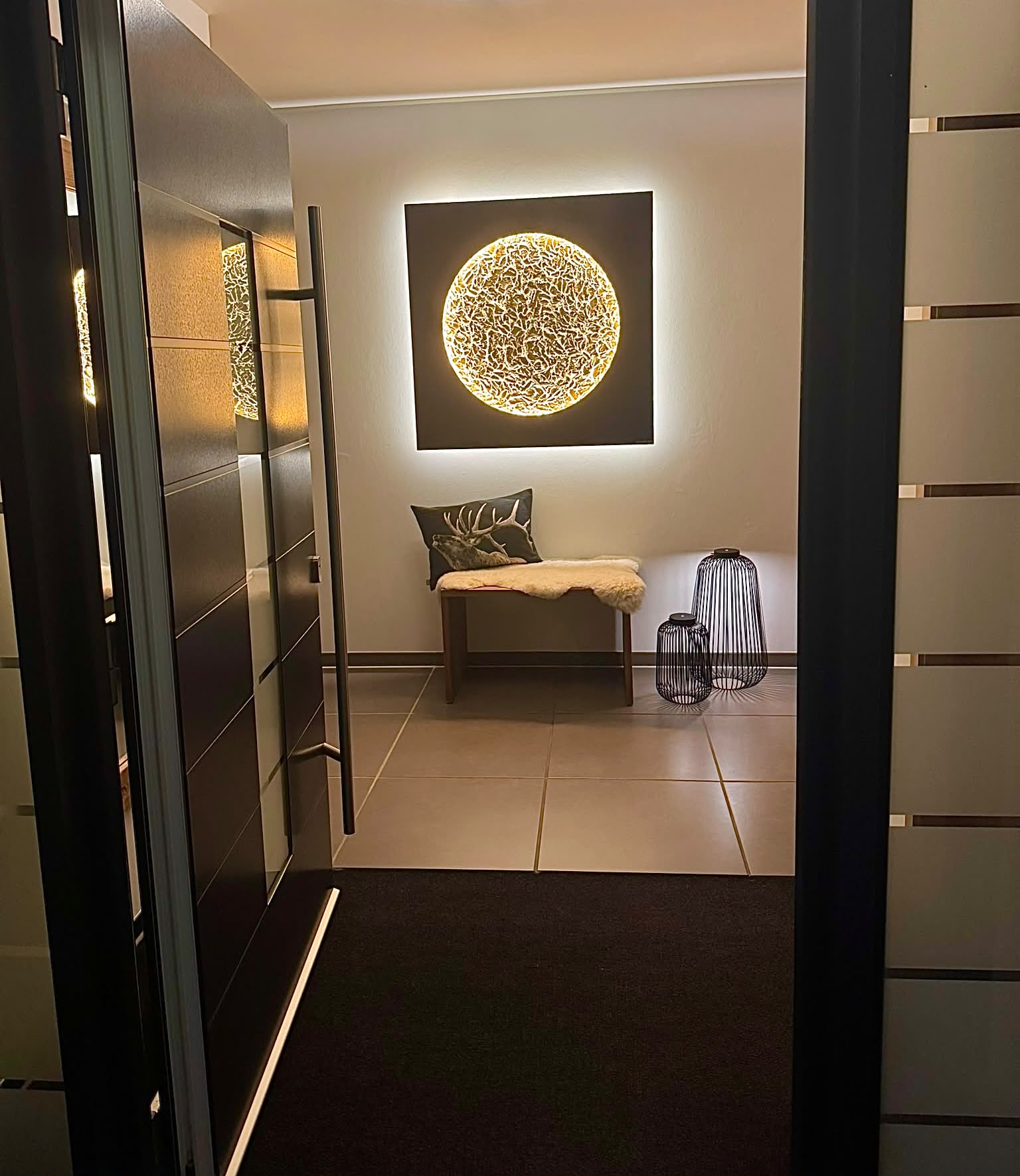 Sonnenmond in Mattschwarz Diamanteffekt mit Mond Gold Deluxe, 120 x 120 cm, beleuchtet