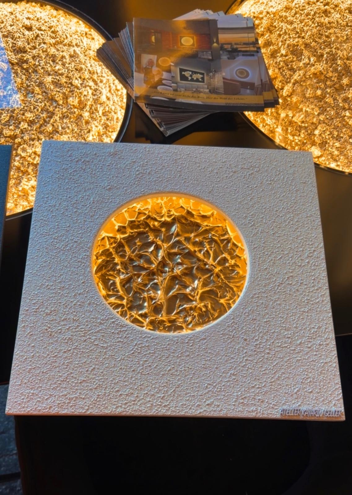 Mini-Sonnenmond 40 x 40 cm, Platte Perlmuttweiß, leuchtender Mond Deluxe Gold